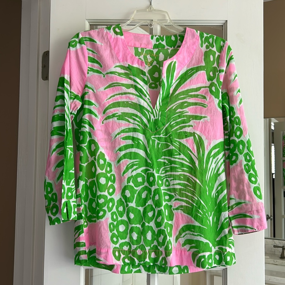 Lily Pulitzer, pink and green tunic top, size small